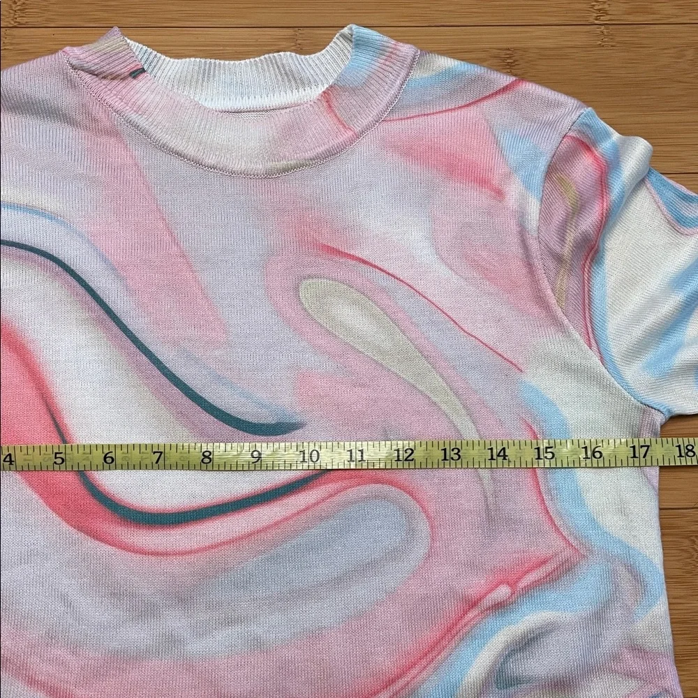 Anthropologie Short Sleeve Sweater Small Multicolor Swirl Marble Print Crewneck - Picture 15 of 16